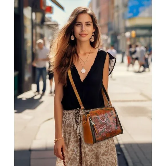 Women Genuine Leather Vintage Embossed Shoulder Bag 9.4x5.1x7.5 Inches Brown